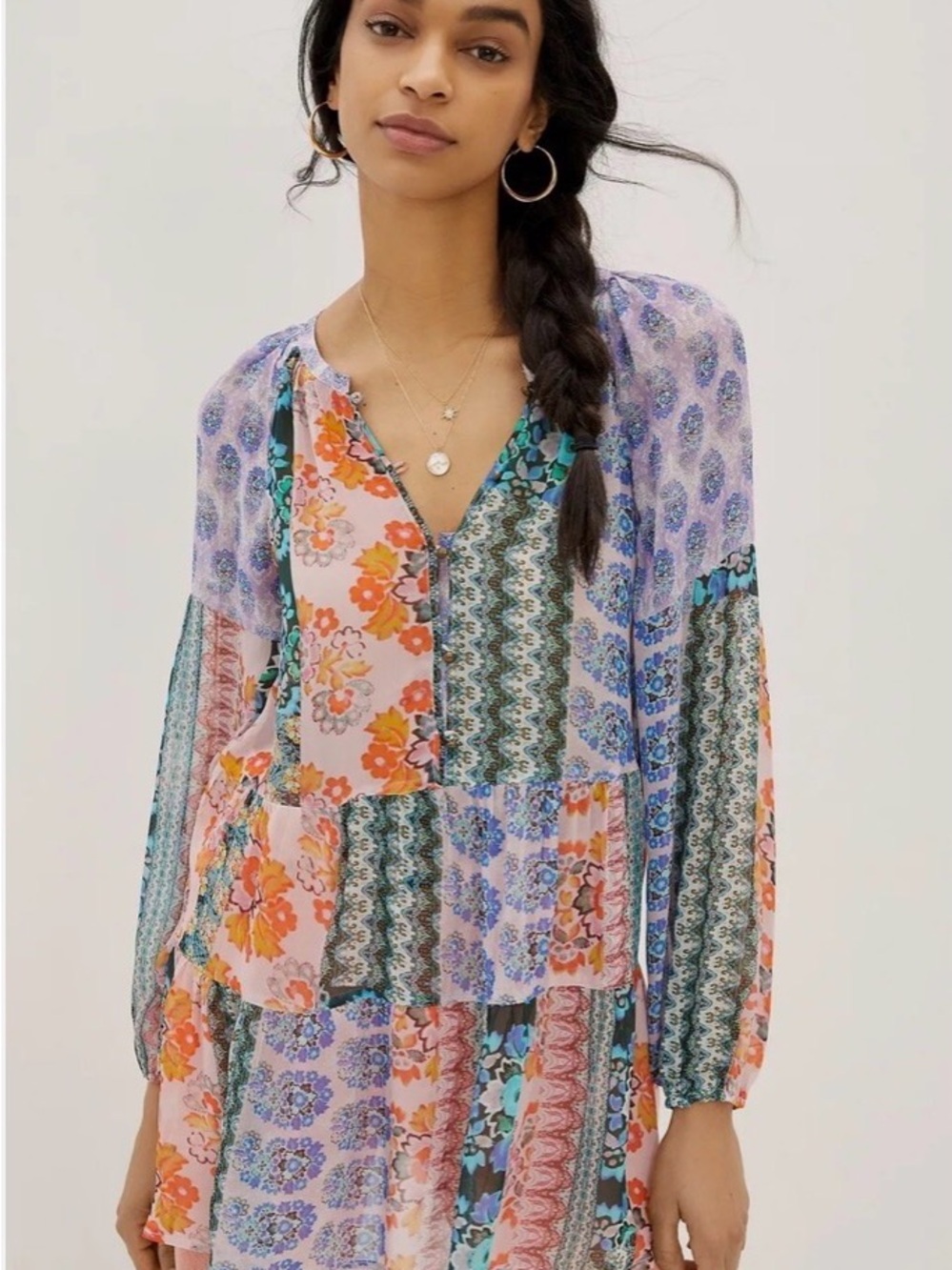Anthropologie Multi-Color Patchwork Floral Peasant Tunic